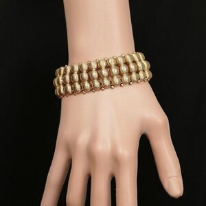 Vintage Gold Tone Triple Row Beaded Panel Bracelet with Safety Chain 7.25 Inch